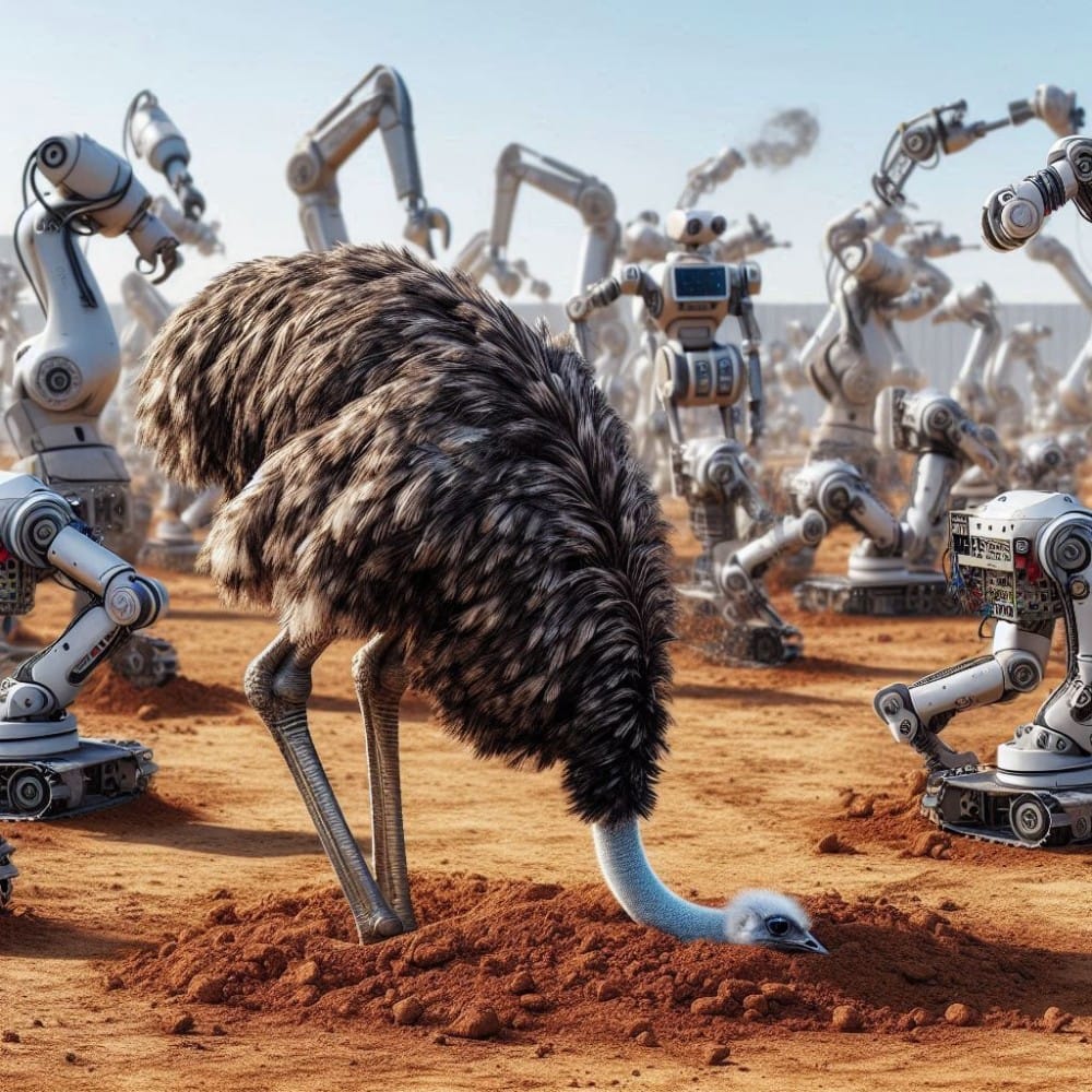 DaliE - Australia with its head in the sand surrounding by working robots